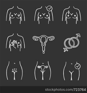 Gynecology chalk icons set. Breast rash, pain, women's health, palpation, menstruation, heterosexuality, genital rash, uterus. Isolated vector chalkboard illustrations. Gynecology chalk icons set