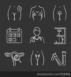 Gynecology chalk icons set. Menstruation calendar, nipple discharge, lab test, genital rash, doctor, mammography, exam, menstrual pain, women's health. Isolated vector chalkboard illustrations. Gynecology chalk icons set