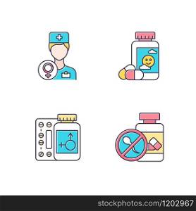 Gynecology color icons set. Female doctor consultation. Antidepressant pills. Hormone replacement therapy. Birth control. Oral contraceptive. Medication, drug. Isolated vector illustrations