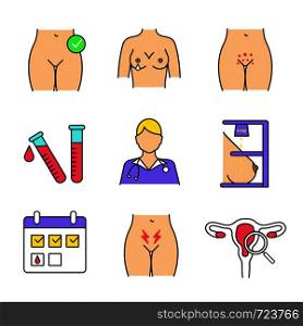 Gynecology color icons set. Menstruation calendar, nipple discharge, lab test, genital rash, doctor, mammography, exam, menstrual pain, women's health. Isolated vector illustrations. Gynecology color icons set