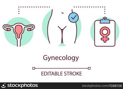 Gynecology concept icon. Gynaecologist idea thin line illustration. Women healthcare, female reproductive system, fertility. Screening, exam. Vector isolated outline drawing. Editable stroke