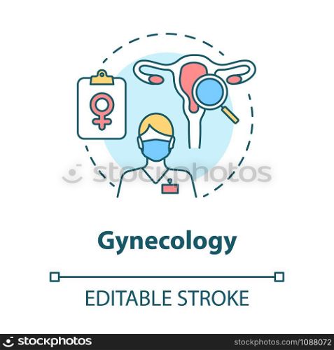 Gynecology concept icon. Women healthcare idea thin line illustration. Gynaecologist, doctor. Female reproductive system, fertility. Vector isolated outline drawing. Editable stroke