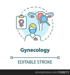Gynecology concept icon. Women healthcare idea thin line illustration. Gynaecologist, doctor. Female reproductive system, fertility. Vector isolated outline drawing. Editable stroke