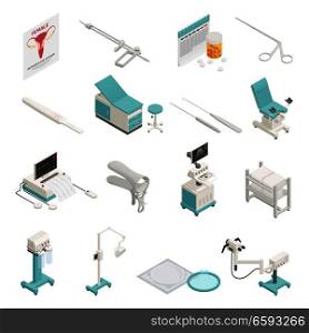 Gynecology equipment and instruments isometric icons set isolated on white background 3d vector illustration. Gynecology Isometric Icons Set