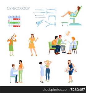 Gynecology Flat Icon Set. Colored and isolated gynecology flat icon set with instruments attributes family planning with a doctor vector illustration