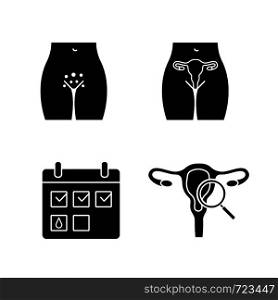 Gynecology glyph icons set. Genital rash, female reproductive system, menstrual calendar, gynecological exam. Silhouette symbols. Vector isolated illustration. Gynecology glyph icons set