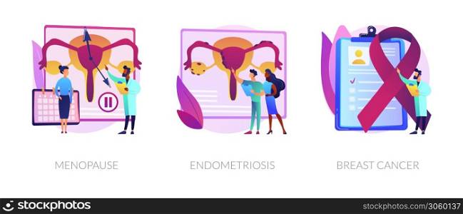 Gynecology, healthcare, female disease diagnosis. Hormone disbalance, estrogen lack. Menopause, endometriosis, breast cancer metaphors. Vector isolated concept metaphor illustrations.. Female health issues vector concept metaphors.