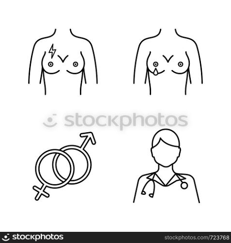 Gynecology linear icons set. Breast pain, nipple discharge, heterosexuality symbol, gynecologist. Thin line contour symbols. Isolated vector outline illustrations. Editable stroke. Gynecology linear icons set