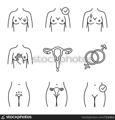 Gynecology linear icons set. Breast rash, pain, women'??s health, palpation, menstruation, heterosexuality, genital rash, uterus. Thin line symbols. Isolated vector illustrations. Editable stroke. Gynecology linear icons set