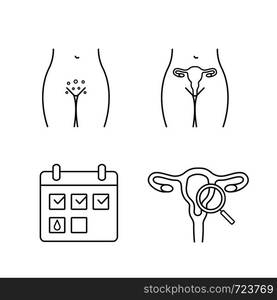 Gynecology linear icons set. Genital rash, female reproductive system, menstrual calendar, gynecological exam. Thin line contour symbols. Isolated vector outline illustrations. Editable stroke. Gynecology linear icons set