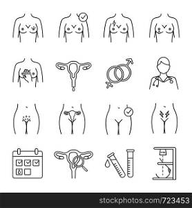 Gynecology linear icons set. Women's health. Breast examination. Female reproductive system disorders. Thin line contour symbols. Isolated vector outline illustrations. Editable stroke. Gynecology linear icons set