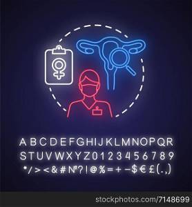 Gynecology neon light concept icon. Women healthcare idea. Gynaecologist, doctor. Female reproductive system, fertility. Glowing sign with alphabet, numbers and symbols. Vector isolated illustration