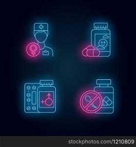 Gynecology neon light icons set. Female doctor consultation. Antidepressant pills. Hormone replacement therapy. Birth control. Oral contraceptive. Glowing signs. Vector isolated illustrations