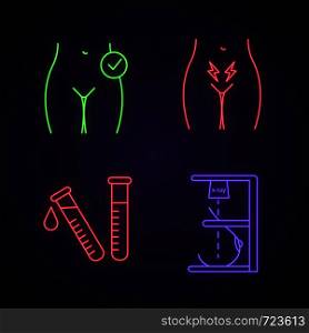 Gynecology neon light icons set. Women's health, menstrual cramps, laboratory test, mammography. Glowing signs. Vector isolated illustrations. Gynecology neon light icons set