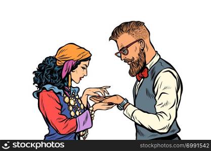 Gypsy palmist and hipster. Isolate on white background. Pop art retro vector illustration kitsch vintage. Gypsy palmist and hipster. Isolate on white background