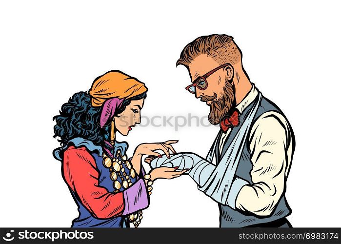 Gypsy palmist and hipster. Patient with plaster and a broken arm. Pop art retro vector illustration kitsch vintage. Gypsy palmist and hipster. Patient with plaster and a broken arm
