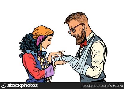 Gypsy palmist and hipster. Patient with plaster and a broken arm. Pop art retro vector illustration kitsch vintage. Gypsy palmist and hipster. Patient with plaster and a broken arm