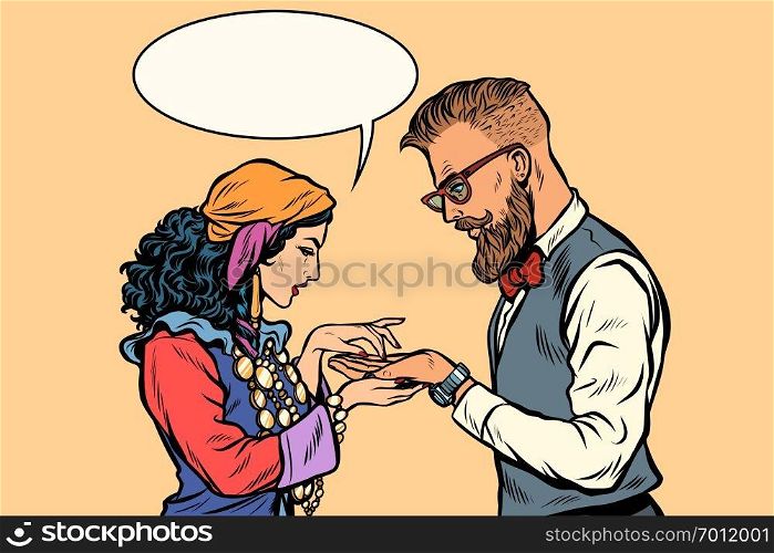 Gypsy palmist and hipster. Pop art retro vector illustration kitsch vintage. Gypsy palmist and hipster