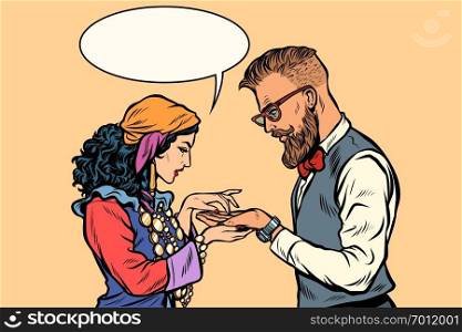 Gypsy palmist and hipster. Pop art retro vector illustration kitsch vintage. Gypsy palmist and hipster