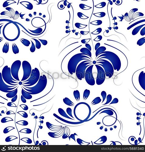 Gzhel blue flowers on a white background. Seamless. Vector illustration.