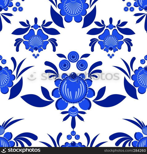 Gzhel flower seamless pattern. Flowers and leaves ornament. Russian national folk craft. Traditional decoration painting in Russia. Flowers and leaves texture. Retro ethnic decor 