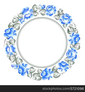 Gzhel style circle floral frame. Vector illustration.