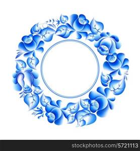 Gzhel style circle floral frame. Vector illustration.