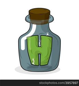 H in laboratory bottle. Letter in magic pot with a wooden stopper. Letter H to scientific experiments. Stock beaker, flask