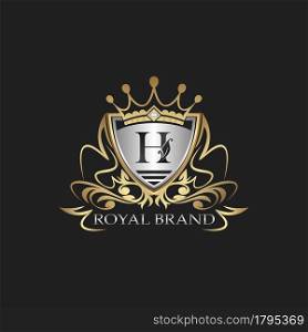 H Letter Gold Shield Logo. Elegant vector logo badge template with alphabet letter on shield frame ornate vector design.