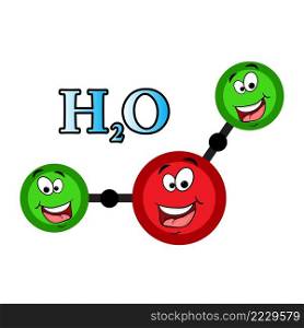 h2o character water molecule structure. Liquid aqua atom formula with eyes and smile. Vector illustration isolated on white background.