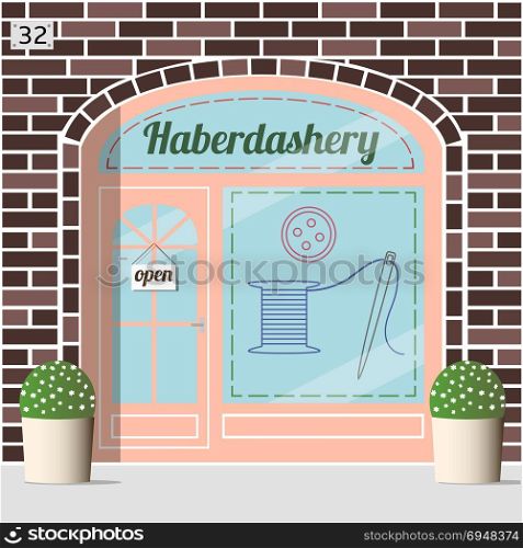 Haberdashery shop facade.. Haberdashery shop facade. Spool with threads, sewing button and needle sticker on window.Brown brick facade. Vector illustration EPS10.