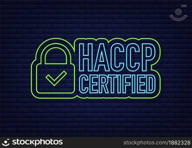 HACCP Certified icon on dark background. Neon icon. Vector stock illustration. HACCP Certified icon on dark background. Neon icon. Vector stock illustration.