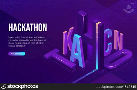 Hackathon isometric landing page. 3d typography with binary code on purple neon colored background. Computer software development, coding, adaptive layout, work with data concept, vector web banner. Hackathon isometric landing, software development
