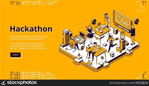 Hackathon isometric landing page. Team of computer programmers, project managers, graphic designers develop software, coding, create adaptive layout, work with data, 3d vector line art web banner. Hackathon isometric landing, software development