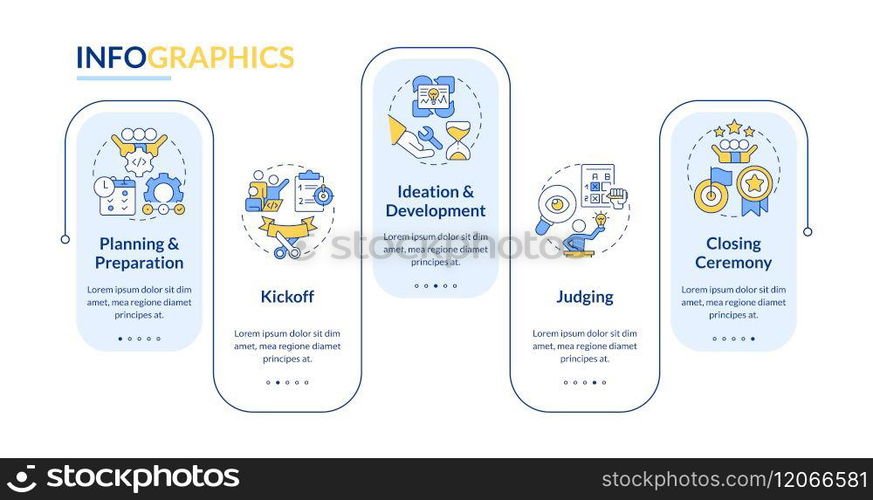 Hackathon process structure blue rectangle infographic template. Data visualization with 5 steps. Editable timeline info chart. Workflow layout with line icons. Lato-Bold, Regular fonts used. Hackathon process structure blue rectangle infographic template