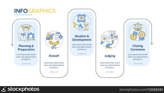 Hackathon process structure blue rectangle infographic template. Data visualization with 5 steps. Editable timeline info chart. Workflow layout with line icons. Lato-Bold, Regular fonts used. Hackathon process structure blue rectangle infographic template