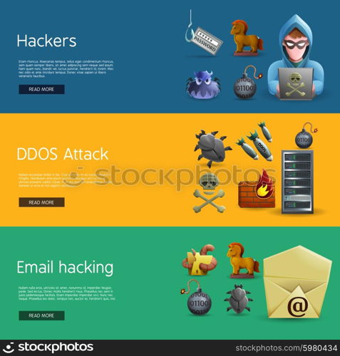 Hacker Activity Banners. Horizontal banners with icons of hacker activity and DDOS attacks on computer systems and e-mail hacking vector illustration