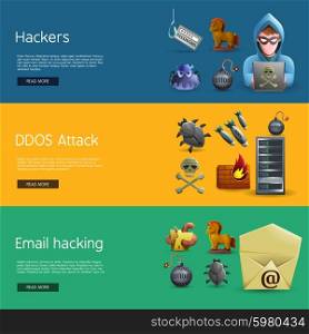 Hacker Activity Banners. Horizontal banners with icons of hacker activity and DDOS attacks on computer systems and e-mail hacking vector illustration