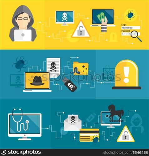 Hacker activity computer and e-mail spam viruses bank account hacking banners set isolated vector illustration