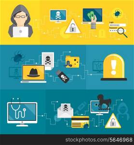 Hacker activity computer and e-mail spam viruses bank account hacking banners set isolated vector illustration