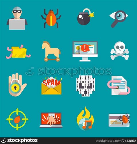 Hacker activity computer and e-mail spam viruses bank account hacking flat icons set isolated vector illustration
