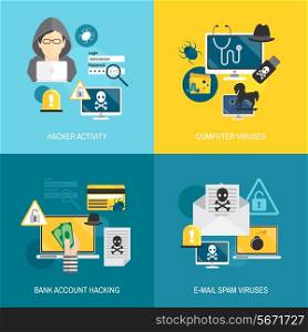 Hacker activity computer and e-mail spam viruses bank account hacking flat icons set isolated vector illustration