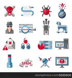 Hacker activity computer and e-mail spam viruses icons set isolated vector illustration