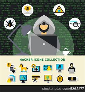 Hacker Activity Icons Collection. Hacker activity icons collection with hacker in hood at notebook and cracking systems symbols cartoon vector illustration