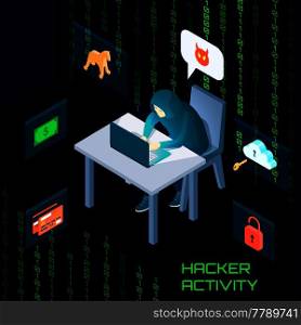 Hacker activity isometric composition with malware, stealing of money on black background with binary code vector illustration. Hacker Activity Isometric Composition