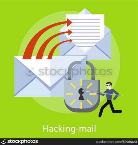 Hacker activity viruses hacking and e-mail spam. Computer crime in flat design. Criminal using computer to commit crime. For web banners, marketing and promotional materials, presentation templates