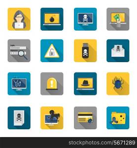 Hacker and computer safety and protection technology flat button icons set isolated vector illustration