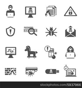 Hacker and computer security black icons set isolated vector illustration. Hacker Icons Set