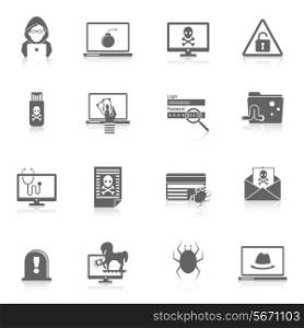 Hacker and computer security protection technology black icons set isolated vector illustration