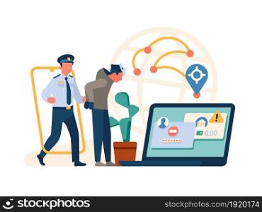Hacker and police. Security guard arrested digital thief. Fighting cyber crime. Information protection. Policeman catching computer fraudster. Personal banking data safety. Vector cybercrime concept. Hacker and police. Security guard arrested digital thief. Fighting cyber crime. Information protection. Policeman catching fraudster. Personal data safety. Vector cybercrime concept